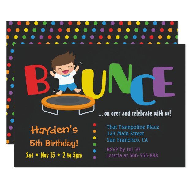 Bounce Trampoline Boys Birthday Party Invitations
