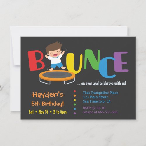 Bounce Trampoline Boys Birthday Party Invitations