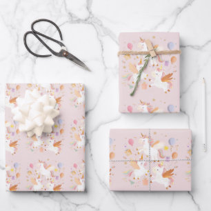 Bouncing Unicorns Pastel Pink Cute Birthday Wrapping Paper Sheets
