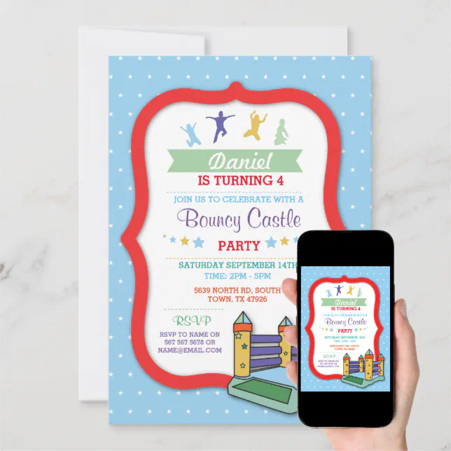 Bouncy Castle Party Blue Kids Birthday Invitation | Zazzle