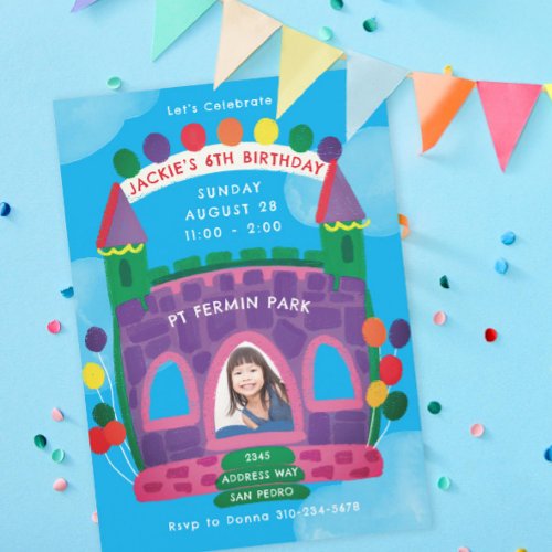 Bouncy House Purple Green Kids Birthday Party Invitation