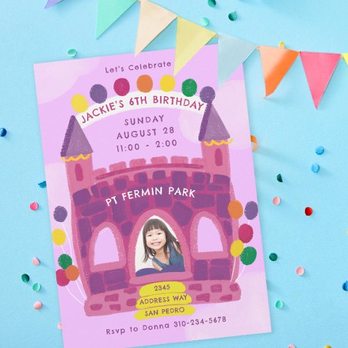 Bouncy House Purple Pink Kids Birthday Party Invitation