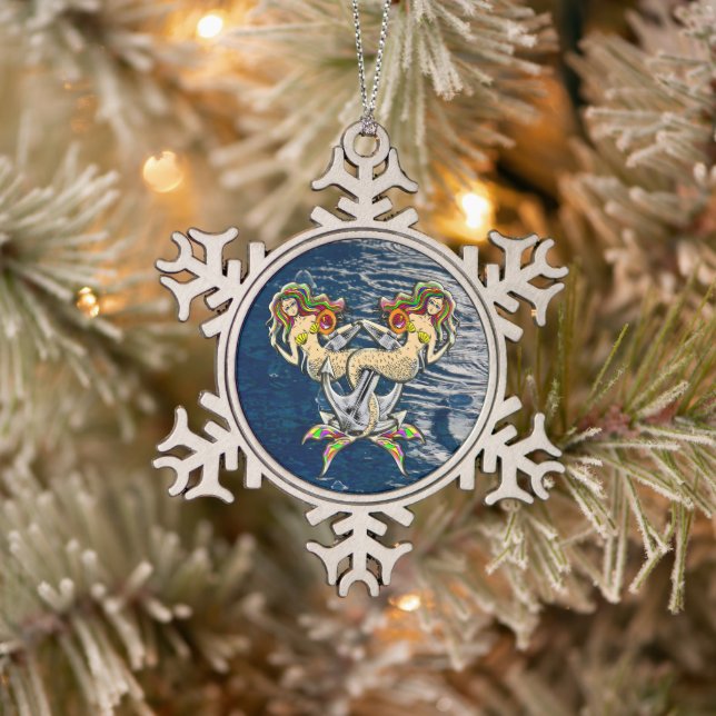 Bound Mermaids - Nautical Design for Ocean Lovers Snowflake Pewter Christmas Ornament (Tree)