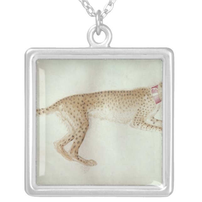 Bounding cheetah with a red collar silver plated necklace (Front)