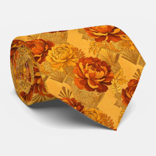 Bountiful Blossoms Golden Orange Art Deco Neck Tie