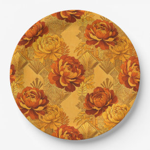 Bountiful Blossoms Golden Orange Art Deco Paper Plates
