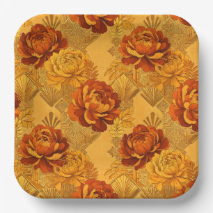 Bountiful Blossoms Golden Orange Art Deco Paper Plates