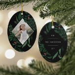 Bountiful Botanical | Elegant Geometric Photo Ceramic Ornament<br><div class="desc">An elegant holiday ornament with a nature inspired design that frames your vertical or portrait oriented photo in a beautifully detailed botanical frame with holly leaves, berries, and winter foliage on a rich black background. Personalize the back of this unique Christmas photo ornament with your family name and the year....</div>