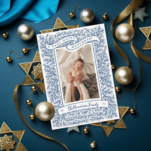 Bountiful Branches Dark Blue Hanukkah Photo Card