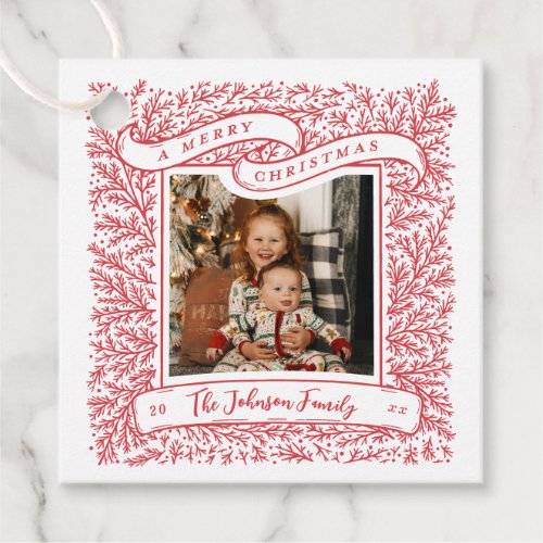 Bountiful Branches Red and White Photo Christmas Favor Tags