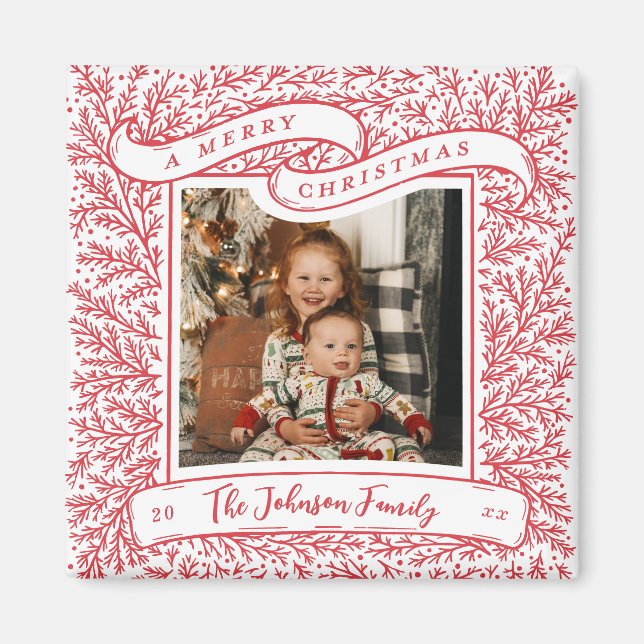 Bountiful Branches Red and White Photo Christmas Magnet (Front)