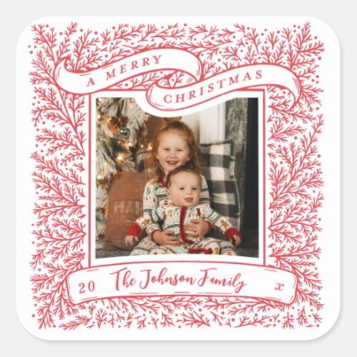 Bountiful Branches Red and White Photo Christmas Square Sticker