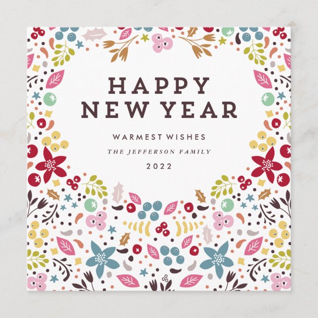 Bountiful Floral Happy New Year text Holiday Card (Front)