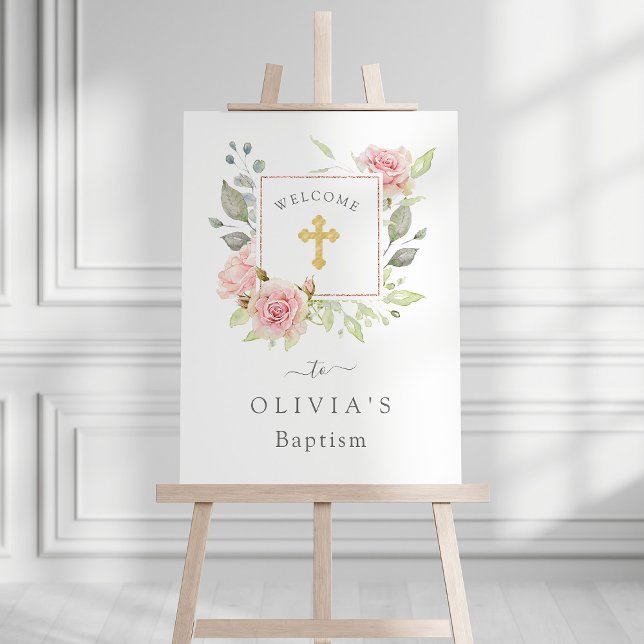 Bountiful Roses | Elegant Pink Floral Baptism Foam Board (An elegant Baptism welcome sign with pretty pink roses and  a gold cross)