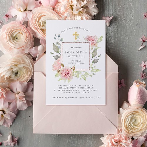 Bountiful Roses  Elegant Pink Floral Baptism Invitation