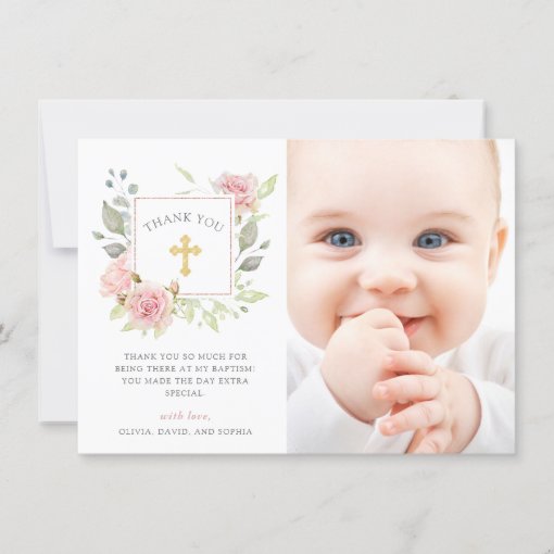 Bountiful Roses Elegant Pink Floral Baptism Photo Thank You Card | Zazzle