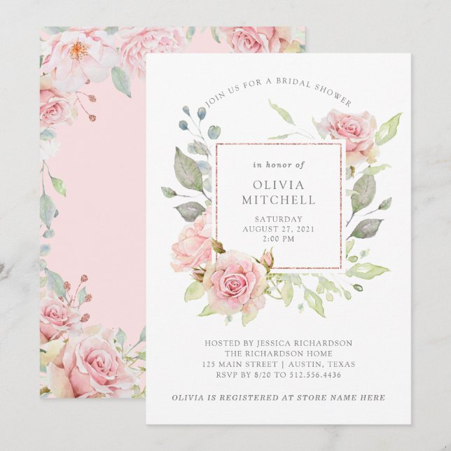 Bountiful Roses Elegant Pink Floral Bridal Shower Invitation (Front/Back)