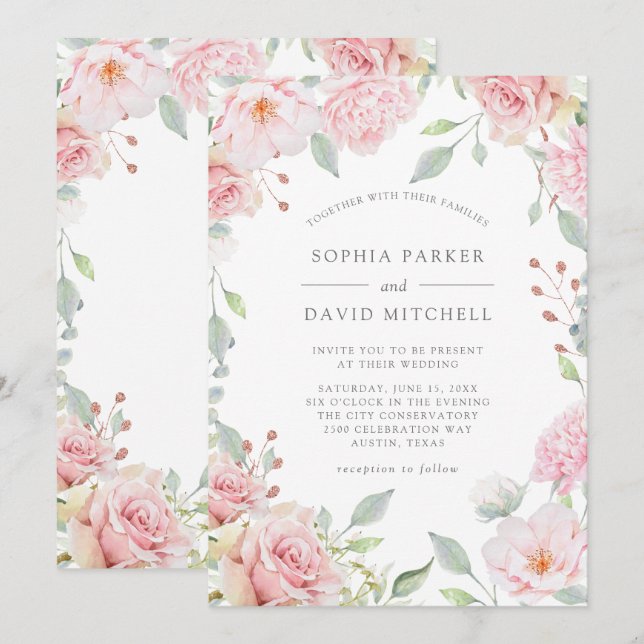 Bountiful Roses | Elegant Pink Floral Wedding Invitation (Front/Back)