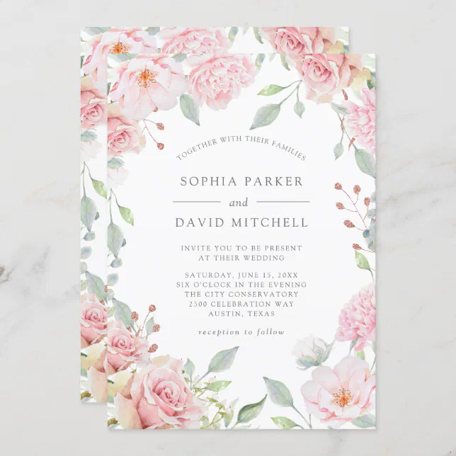 Bountiful Roses | Elegant Pink Floral Wedding Invitation | Zazzle