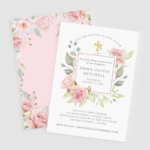Bountiful Roses  Pink Floral First Holy Communion Invitation