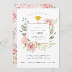 Bountiful Roses Pink Floral Graduation Party Invitation