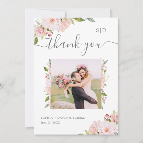 Bountiful Roses  Pink Floral Wedding Photo Thank You Card