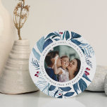 Bountiful | Round Hanukkah Photo Holiday Card<br><div class="desc">Elegant Hanukkah photo card in a unique round shape features a favorite photo surrounded by icy blue botanical foliage and tiny red berries. Personalize with a custom Hanukkah greeting (shown with "wishing you love,  light and peace"),  and your names curved around the photo.</div>