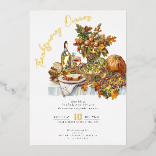 Bountiful Table Rustic Thanksgiving Dinner Pumpkin Foil Invitation