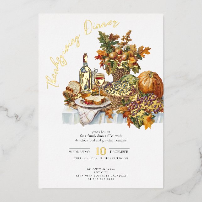 Bountiful Table Rustic Thanksgiving Dinner Pumpkin Foil Invitation (Front)