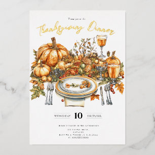 Bountiful Table Thanksgiving Dinner Pumpkin Foil Invitation