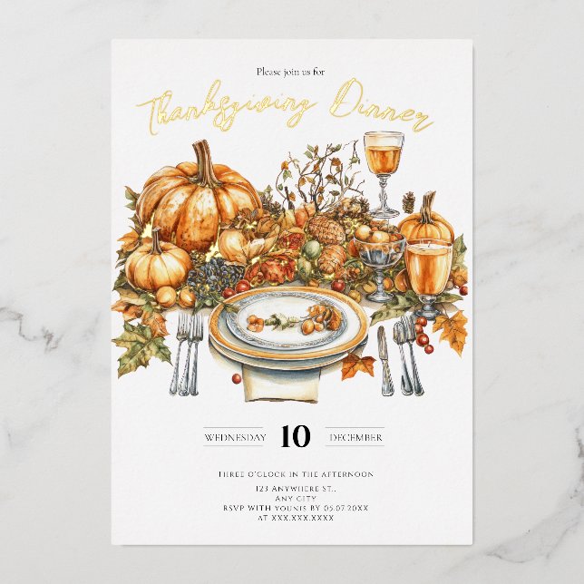 Bountiful Table Thanksgiving Dinner Pumpkin Foil Invitation (Front)