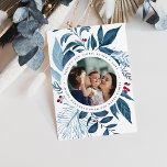 Bountiful | Watercolor Botanical Hanukkah Photo Holiday Card<br><div class="desc">Elegant Hanukkah photo card features a favorite photo surrounded by lush blue botanical foliage and tiny red berries. Personalize with a custom holiday greeting (shown with "wishing you light,  peace and love"),  and your names curved around the photo. Add four additional images to the back,  along with the year.</div>