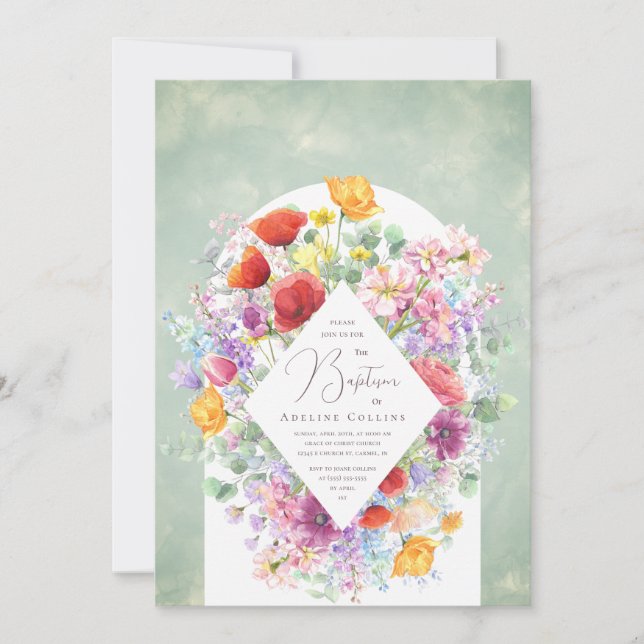 Bountiful Wildflowers Soft Watercolor Baptism Invitation (Front)