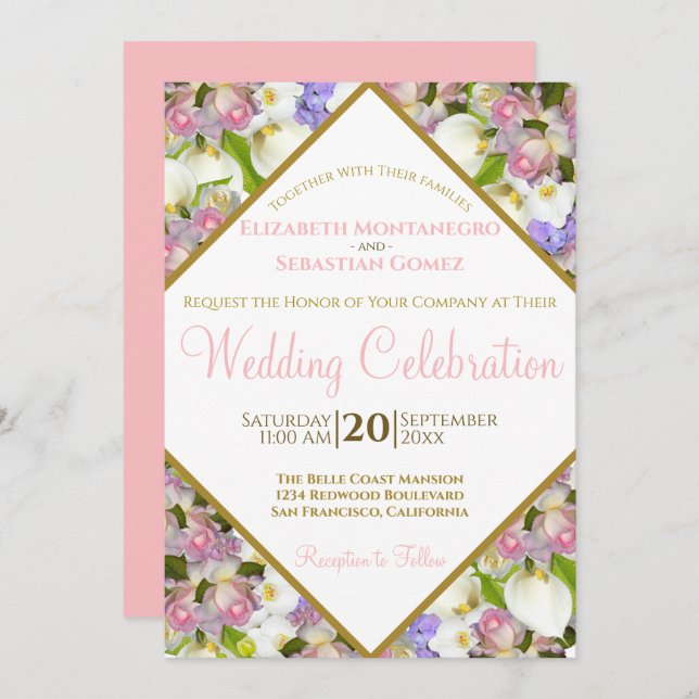 Bounty of Pastel Flowers Diamond Frame Wedding Invitation (Front/Back)