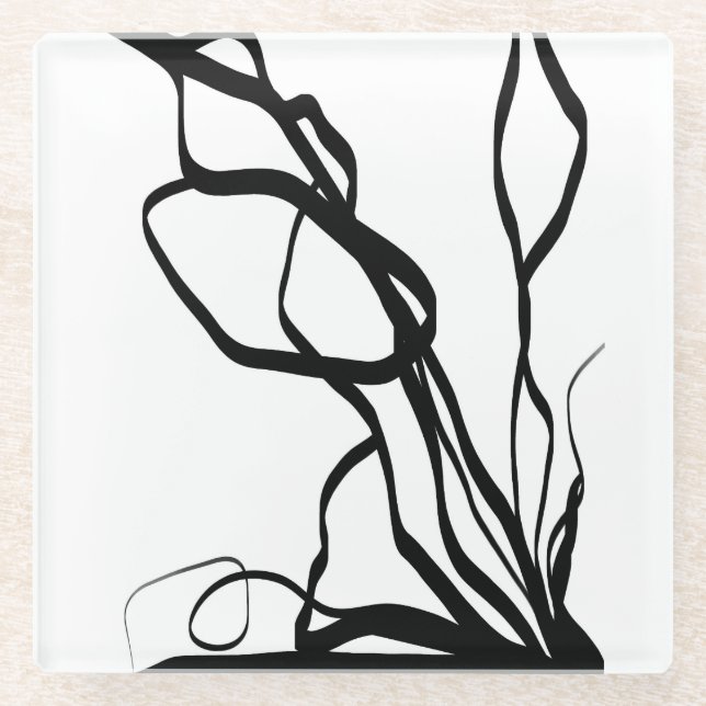 Bouquet Blanc: Abstract White & Black Glass Coaster (Front)