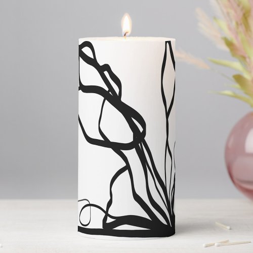 Bouquet Blanc Abstract White  Black Pillar Candle