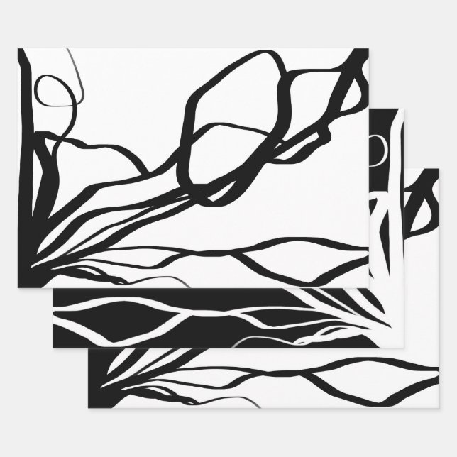 Bouquet Blanc & Noir: Abstract White & Black Wrapping Paper Sheets (Set)