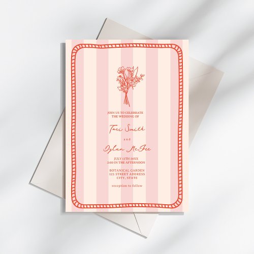 Bouquet Border Pink Stripe Tropical Wedding Invitation