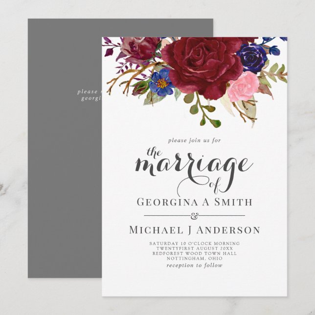 Bouquet Burgundy Blue Pink Flowers WEDDING Invitation (Front/Back)