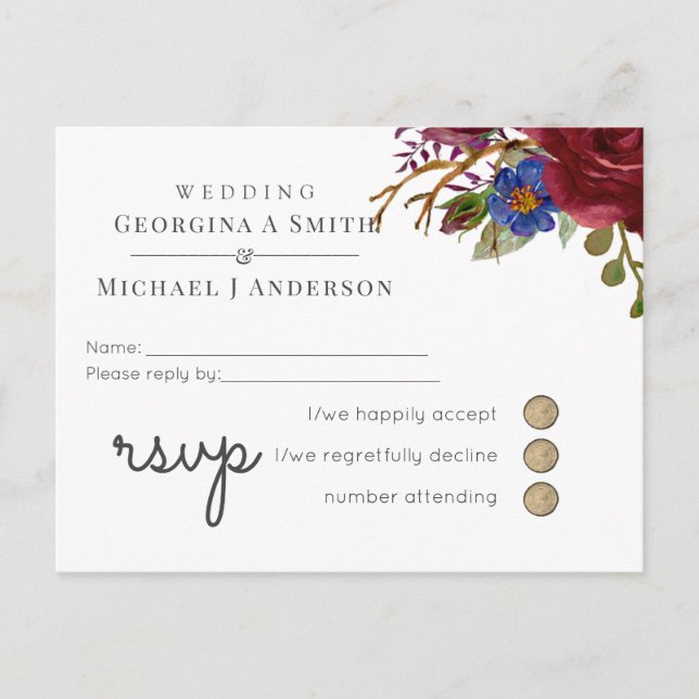 Bouquet Burgundy Blue Pink WEDDING RSVP Invitation Postcard (Front)