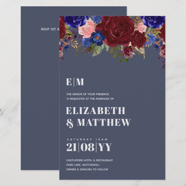 Bouquet Burgundy Blue Roses Wedding Invite (Front/Back)
