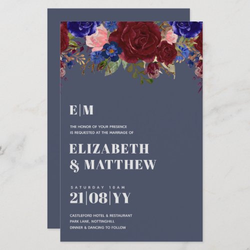 Bouquet Burgundy Blue Roses Wedding Invite