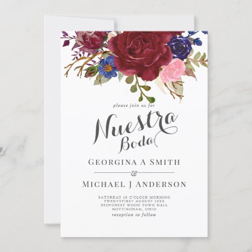 Bouquet Burgundy Floral Navy Blue PInk COUPLES Invitation