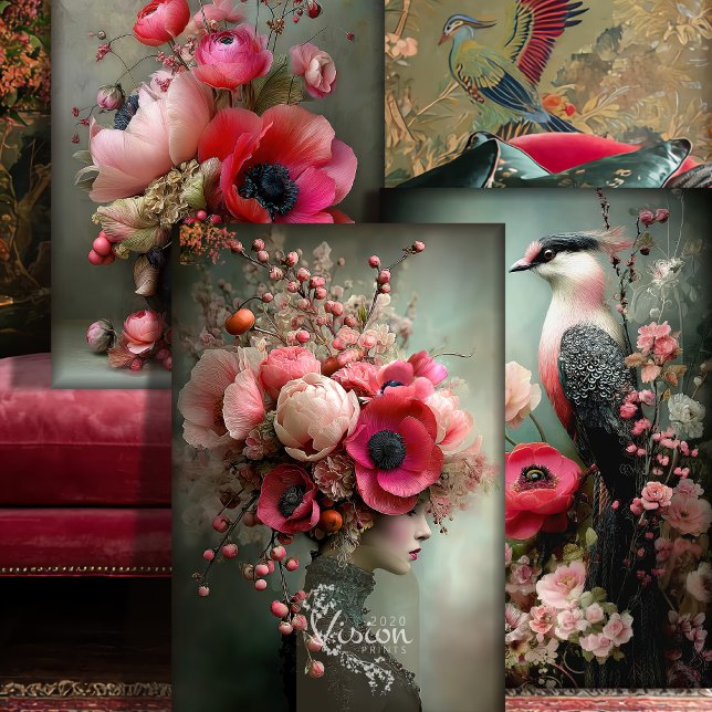 Bouquet Couture, Bird, Portrait & Floral Art Set Wrapping Paper Sheets (Vibrant Pink & Green, Portrait, bird & Bouquet Floral, Matching Art, Heavyweight Decoupage, Set)