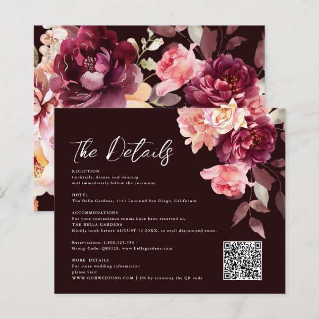Bouquet Floral Burgundy QR code Details Wedding  (Front/Back)