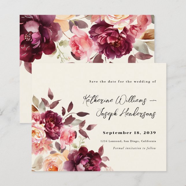 Bouquet Floral Burgundy Wedding Save the Date (Front/Back)