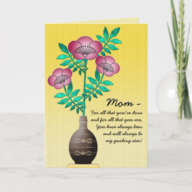 Bouquet in Vase on Yellow for Mothers Day Card (Front)