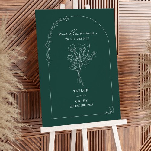 Bouquet Line Art Emerald Wedding Welcome Poster