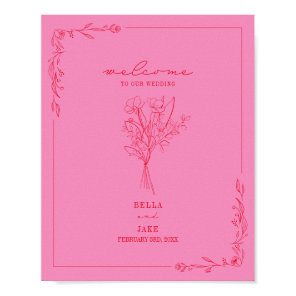 Bouquet Line Art Pink Red Wedding Welcome Poster