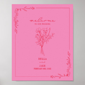 Bouquet Line Art Pink Red Wedding Welcome Poster